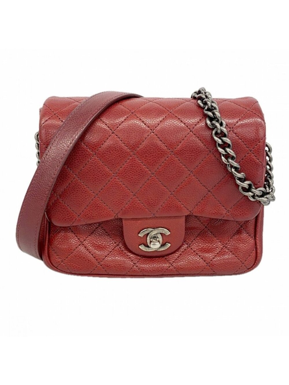 Chanel Shoulder Bag Mini Quilted Caviar Leather Bordeaux Silver